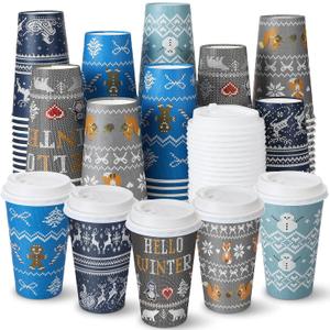 100 Pack 16 oz Winter Disposable Coffee Cups with Lids,Gingerbread Man Snowflakes Cups for Hot and Cold Beverages,Coffee,Tea,Water,Juice