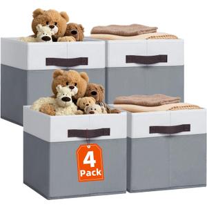 Criusia Fabric Storage Cubes - 13 Inch Large Storage Bins 4 Pack - Clothes Organizer Bins for Closet, Shelves, Cube Organizer/Cubby Collapsible Storage Baskets for Organizing Toys Blanket (White with Grey)