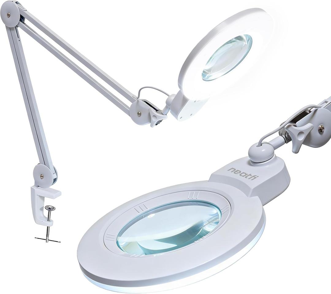 Neatfi XL Bifocal LED Magnifying Lamp, 7 Acrylic Lens, 2.25X/6X Magnification, 1,600 Lumens Dimmable | Hands-Free Close Work | Crafting, Jewelry & Reading (White, 7-inch Lens, Non-CCT with Clamp)
