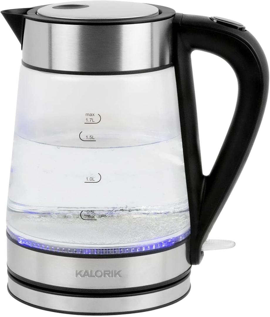 Kalorik Electric Kettle Featuring Glass Body 1750 Watts and Rapid Boil Cordless Serving with Auto Shut Off & Boil Dry Shut Off Protection, 1.7-Liter, Silver
