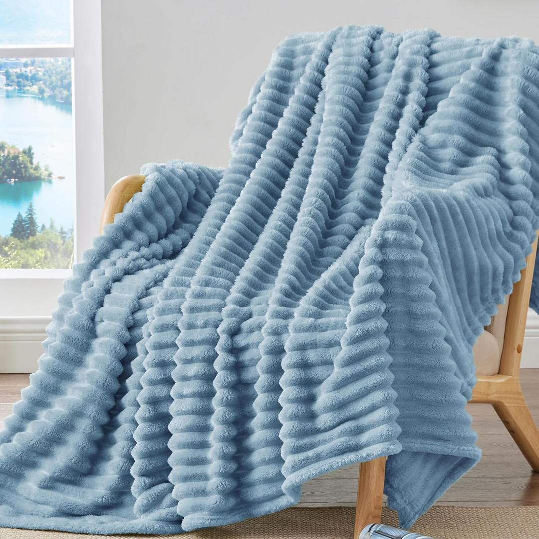 BEDELITE Fleece Throw Blanket for Couch - 300GSM Soft & Warm Fluffy Light Blue Blanket, Decorative and Giftable Striped Blankets for Women, Men, 50"x60"