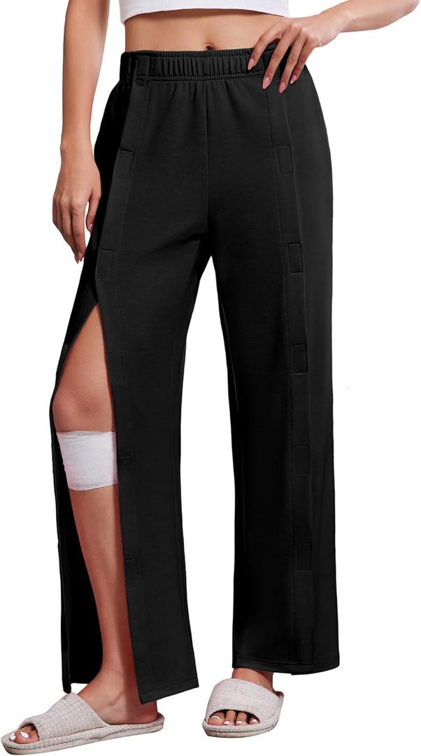 Deyeek Women's Tear Away Pants with Pockets Easy Access Adaptive Pants Post Hip Knee Leg Surgery Breakaway Lounge Sweatpants (Large, Black)