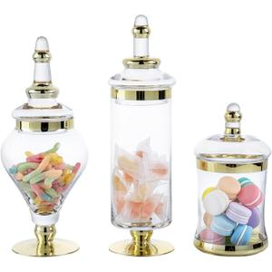 MyGift 3 Piece Set Antique Clear Glass Bathroom Apothecary Jars with Lid, Wedding Centerpiece, Kitchen Storage Jars with Metallic Brass-Tone Design (Gold)