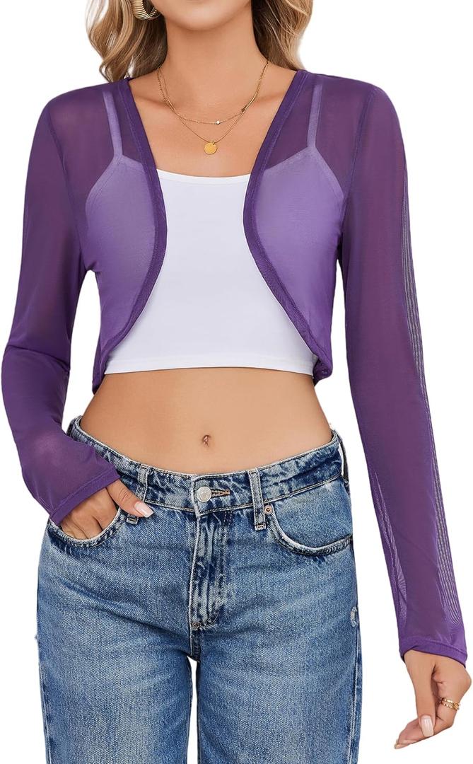 Women Sheer Shrugs Long Sleeve Cropped Cardigan Open Front Bolero Shrug for Evening Dressy S-XXL (Purple, M)