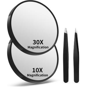 10X&30X Magnifying Mirrors with Suction Cups and 2 Tweezers Set3.5 inches Magnified Makeup Mirror, Black, 2PCS