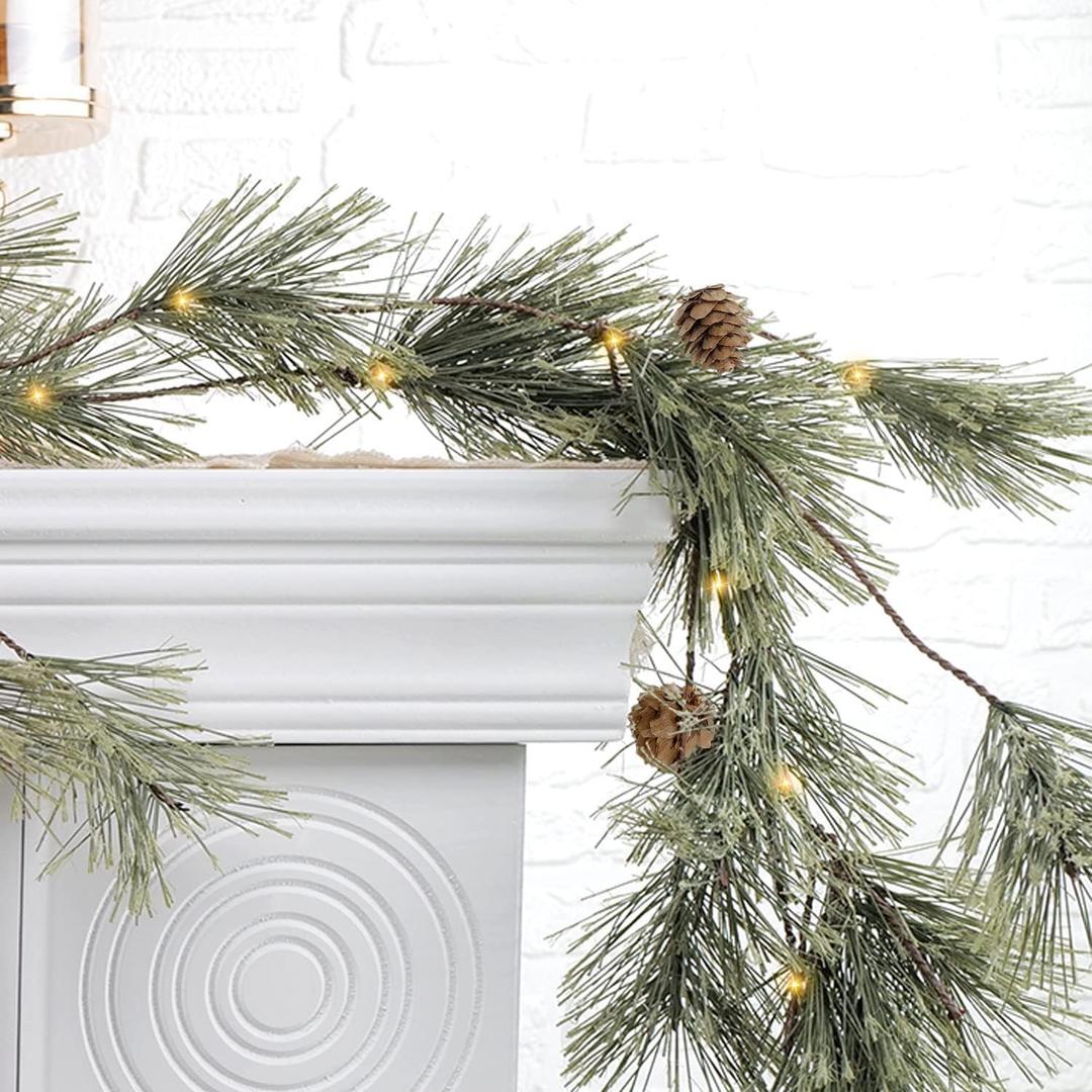 6.4ft Smokey Christmas Garland with Lights, Prelit Natual Rustic Cedar Pine Garland with Pine Cones for Home New Year, Mantle, Fireplace, Indoor Outdoor Decoration Simple Garland