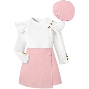 MIGU Girls Clothes Ruffle Long Sleeve Round Neck Button Top Skirt Short Beret Fall Outfit 3 Piece Skirt Set, 7-8Y