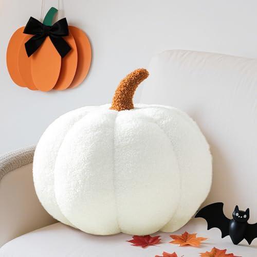 Pumpkin Pillows, Halloween Pumpkin Shaped Throw Pillow, 3D Plush Fall Cushion, Soft Sherpa Fleece Decorative Pillow for Sofa, Bedroom, Living Room, Thanksgiving Gift (White, 11 Inch)