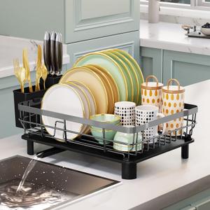 Iron Dish Drying Rack with Drainboard Dish Drainers for Kitchen Counter Extendable Spout Strainers with Utensil Holder and Knife Slots, Grey (Gray)