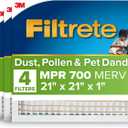 Filtrete 21x21x1 AC Furnace Air Filter, MPR 700, MERV 8, Tough on Pollen, Easy on Airflow, 3-Month Pleated 1-Inch Electrostatic Air Cleaning Filter, 4-Pack (Actual Size 20.81 x 20.81 x 0.81 in)
