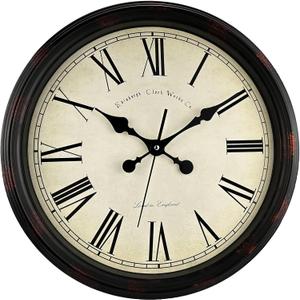 Round Classic Wall Clock Silent Non Ticking 16 Inch Extra Large Quality Quartz Vintage Clock, Rome Retro Decorate Clock Battery Operated, Easy to Read for Home Kitchen Living/Restaurant (Black-brown)