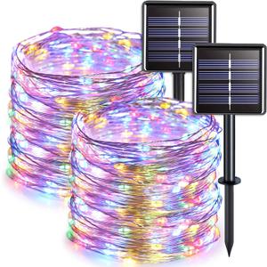 JMEXSUSS 2 Pack Solar Christmas Lights Outdoor Waterproof, Each 33FT 100 LED Multi Colored Solar Fairy Lights, 8 Modes String Light for Outside Yard Patio Tree Garden Christmas Decorations