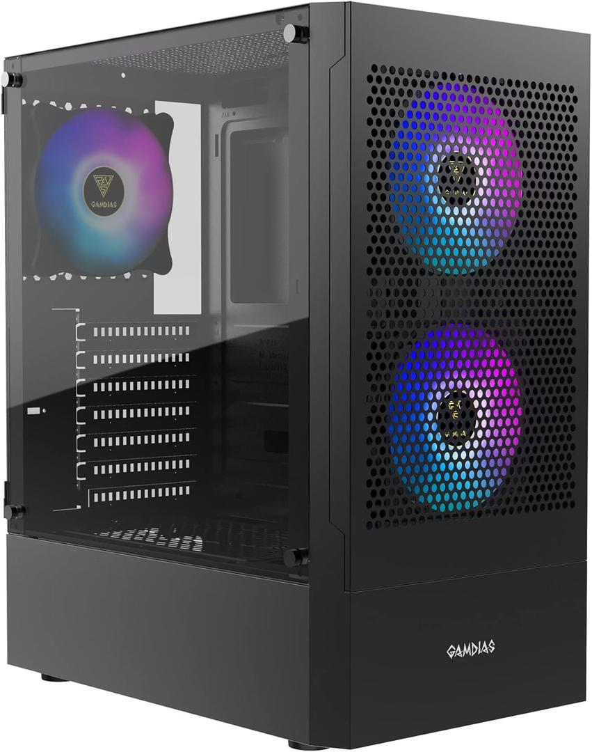 GAMDIAS Gaming ATX Mid Tower PC Computer Case with Tempered Glass, 3 Built-in 120mm ARGB Desktop Case Fans, Support Up to 360mm AIO/Radiator, 5x 120mm Fans, 300mm GPU/VGA, 150mm PSU & 160mm CPU Cooler