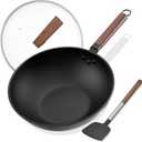 Carbon Steel Wok - Including Glass Cover and Silicone Spatula, 13-Inch Woks & Stir-Fry Pans for Induction, Electric, Gas Stoves