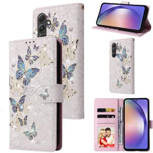 UEEBAI Wallet Case for Samsung Galaxy A36 5G, PU Leather Phone Cover Kickstand RFID Blocking Flip Case Card Slots Wrist Strap Relief Engraved Pattern Magnetic Closure Folio Cover - Blue Butterfly