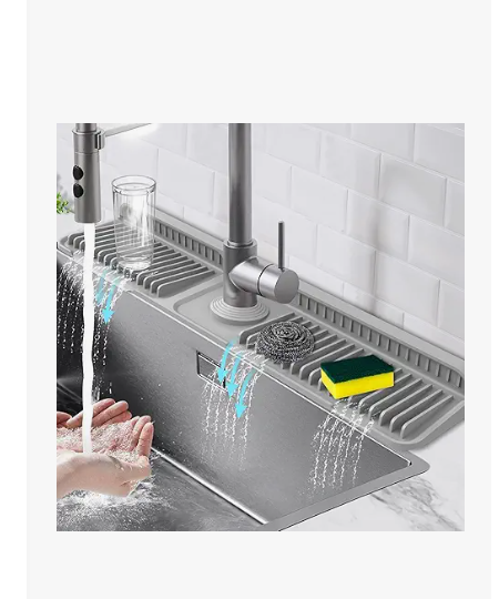 Hugro Tarfive 24Inch Kitchen Sink Splash Guard Mat | 7° Slope for Fast SelfDraining | SnapLock Design | Universal & Cuttable Silicone Faucet Mat Gray