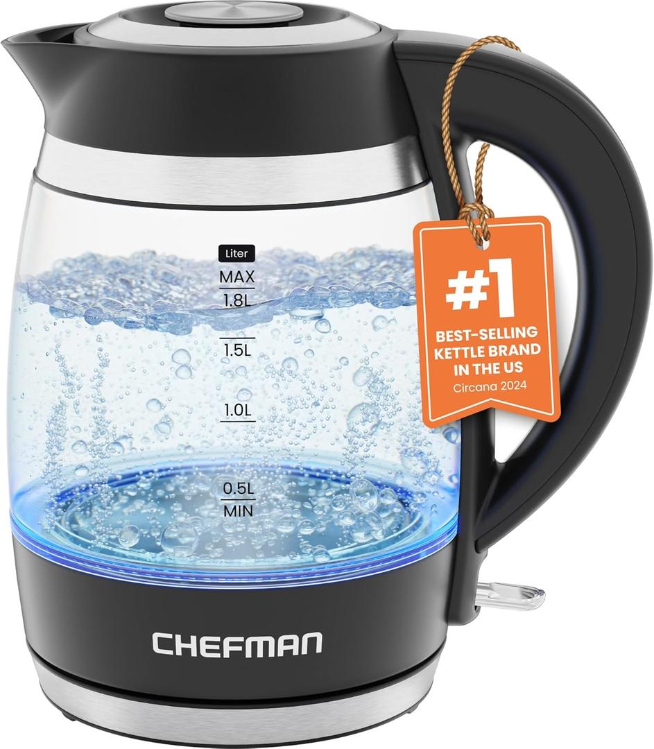 Chefman Electric Kettle, 1.8L 1500W, Hot Water Boiler, Removable Lid for Easy Cleaning, Auto Shut Off, Boil-Dry Protection, Stainless Steel Filter, BPA Free, Borosilicate Glass Electric Tea Kettle (Black)