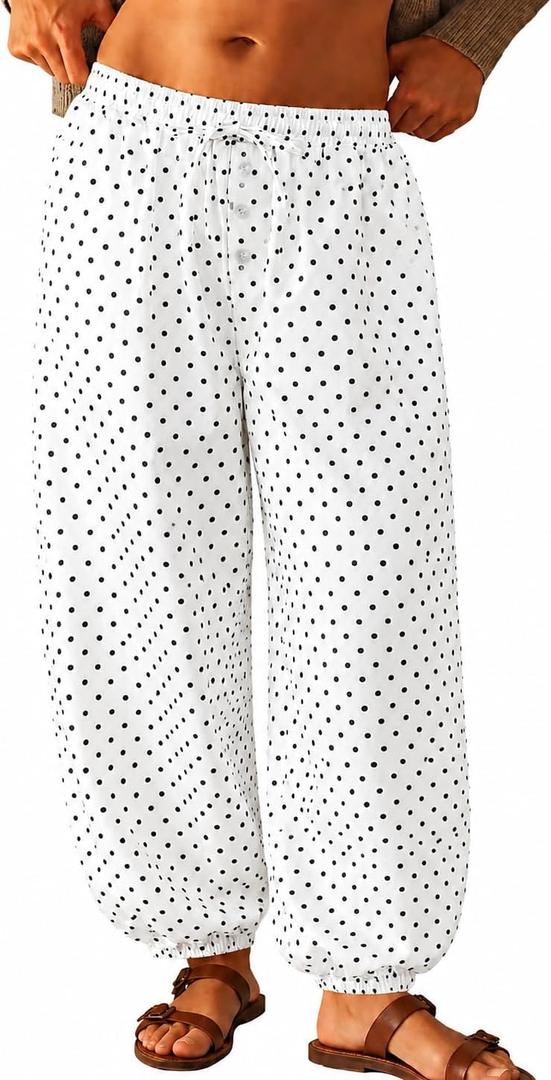 Womens Polka Dot Balloon Pants Elastic Waist Baggy Harem Pants Wide Leg Drawstring Comfy Trousers with Pockets (White, S)