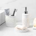 3-Piece White Ceramic Bathroom Accessories Set - Luxurious Soap Dispenser, Toothbrush Holder & Soap Dish with Modern Geo Embossed Design for Bathroom Accessory Set