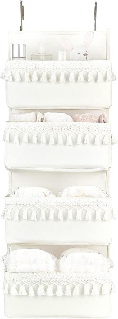 Dahey Over The Door Organizer Boho Nursery Storage Decor Closet Hanging Organizer with Tassels Decoration for Bedroom Nursery Bathroom Apartments Dorm Pantry, 4 Pockets, White (Medium)