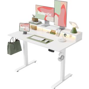 Agilestic 48x24 Inch Electric Standing Desk with Shelf, Height Adjustable Desk with Power Outlets & LED, Sit Stand Up Table with Monitor Stand, Computer Workstation, White, 48 x 24 Inches with led and power strips