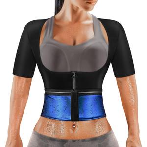 MATKAO Sauna Suit for Women Weight Loss Sauna Shirt for Women Sweat Suit Waist Trainer Vest Fitness Body Shaper Zipper (Large, Blue)