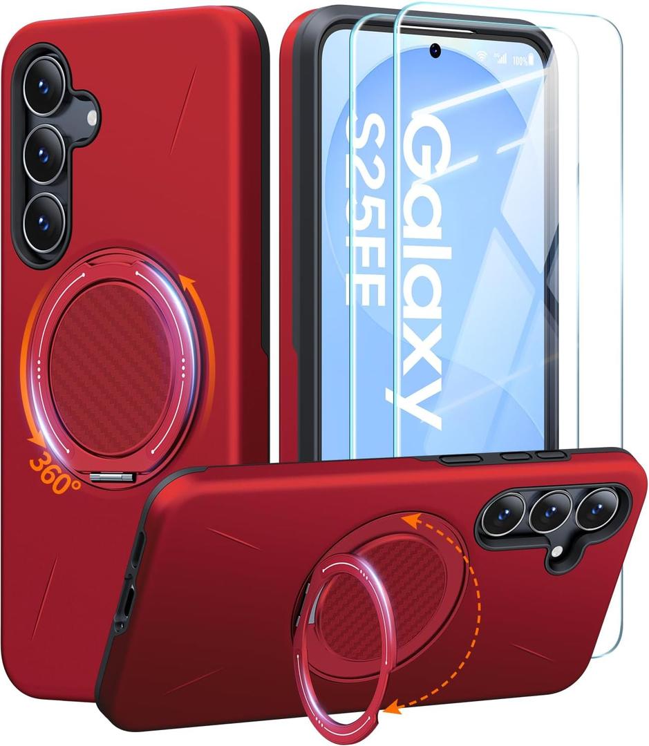 JAME for Samsung Galaxy S25 FE Case, Ring Holder Stand Kickstand, 2 Packs Screen Protector, Dual Layer Shockproof Protective Cover, Magnetic Accessory Friendly Galaxy S25 FE Phone Case, Red