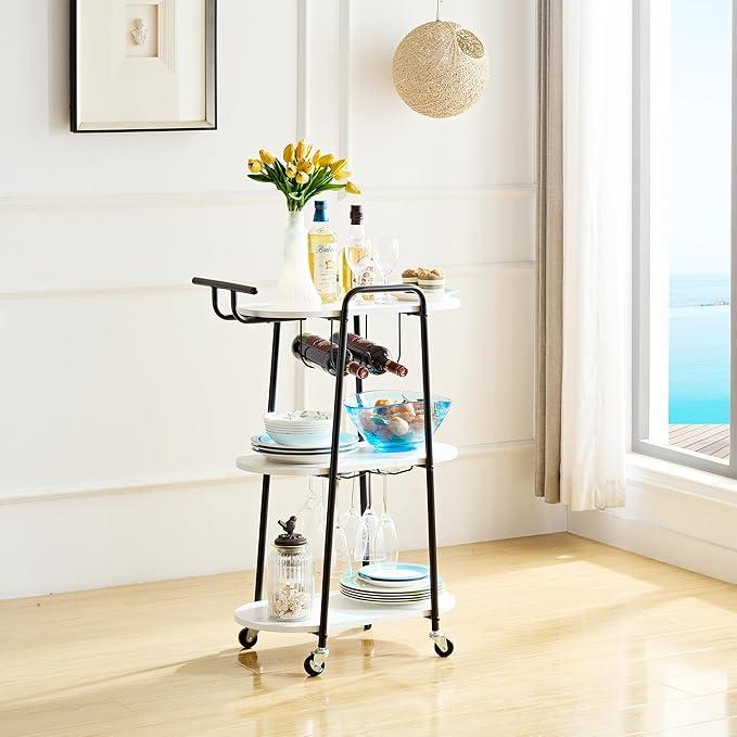 J-yaamiZz 3 Tiers Bar Cart, Home Bar Serving Cart on Lockable Wheels, Rolling Alcohol Cart Modern Wine Cart for Home Kitchen Dining, Living Room, Medium (Black Frame)