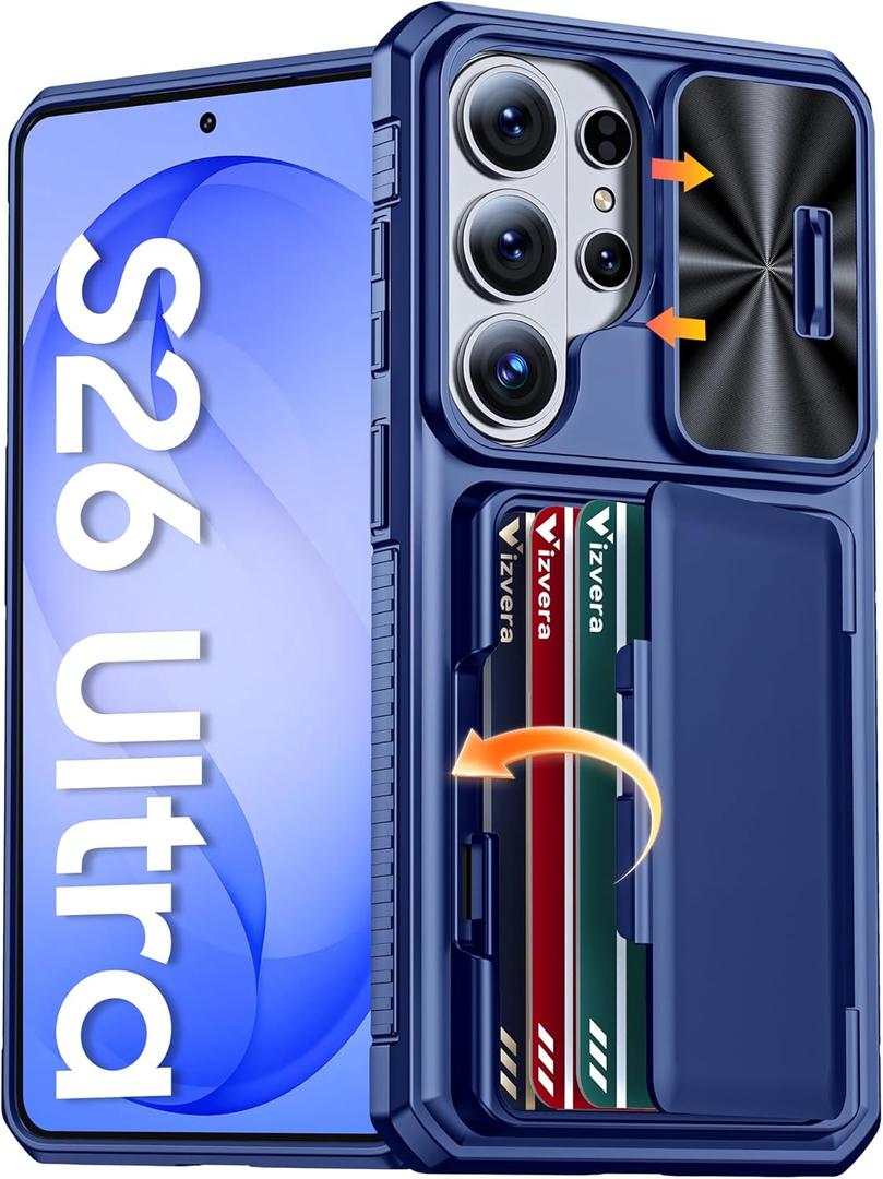 Vizvera for Samsung Galaxy S26 Ultra Case Wallet RFID [Cards Holder][Camera Cover][Edge Raised] Full Body Rugged Shockproof Silicone Phone Case for Galaxy S26 Ultra 6.9" 2026,Blue