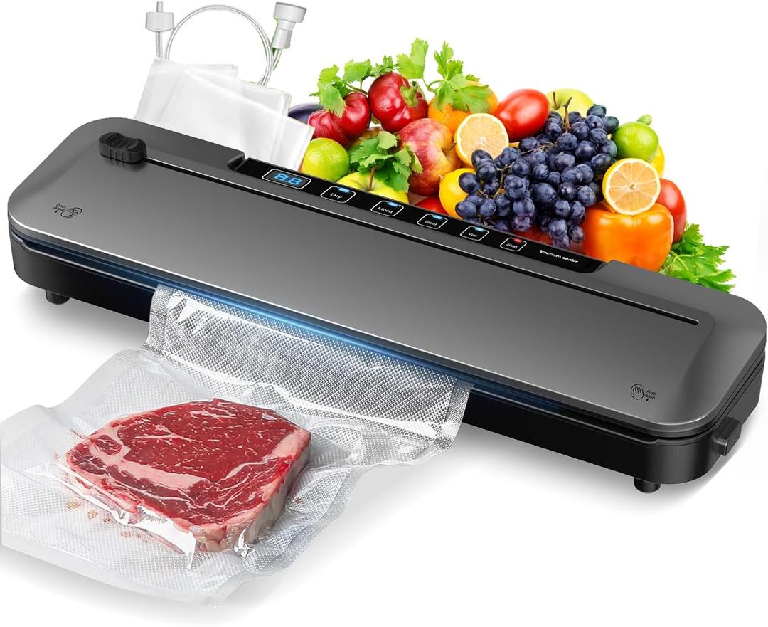 75Kpa Vacuum Sealer for Food, Food Vacuum Sealer Machine with Digital Timer, Moist/Dry Modes, Built-in Cutter & 10 Vacuum Bags  Compact 6-in-1 Sealer (Grey)
