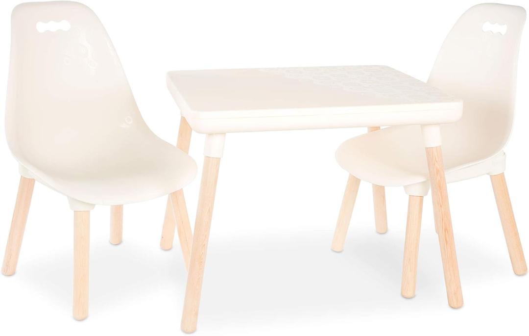 B. toys  Table and Chair Set  Furniture For Toddlers  1 Craft Table & 2 Chairs  Natural Wooden Legs  Ivory  3+ Years