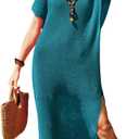 VOTEPRETTY Womens Two Piece Cover Ups Sets Crochet Beach Vacation Summer Swimwear Short Sleeve Outfits Split Knit Long Dress (Blue, L)