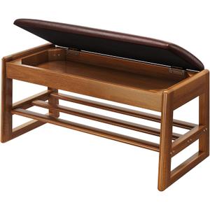 Shoe Rack Bench Seat Rubberwood 2-Tier Wooden Storage Bench 550lbs Compact Mid-Century Modern Design for Entryway, Hallway, Closet, Front Door Entrance, Foyer (31.5inch, Leather Cushion)