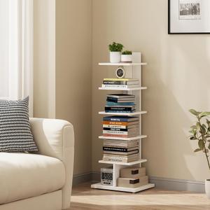 TUTOTAK Narrow Bookshelf, 6-Tier Bookcase, Spine Book Shelf for Small Space, Corner Standing Shelf for Living Room, Office, Study, Entryway, White BS06BW016