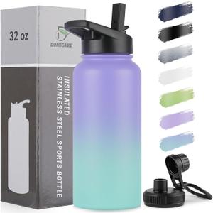 DOMICARE 32 oz Insulated Water Bottle, Vacuum Insulated Stainless Steel Sports Water Bottle with Straw Lid & Spout Lid, Leakproof, Reusable - Travel, Camping, Bike, Purple Green Gradient (32 Ounces)
