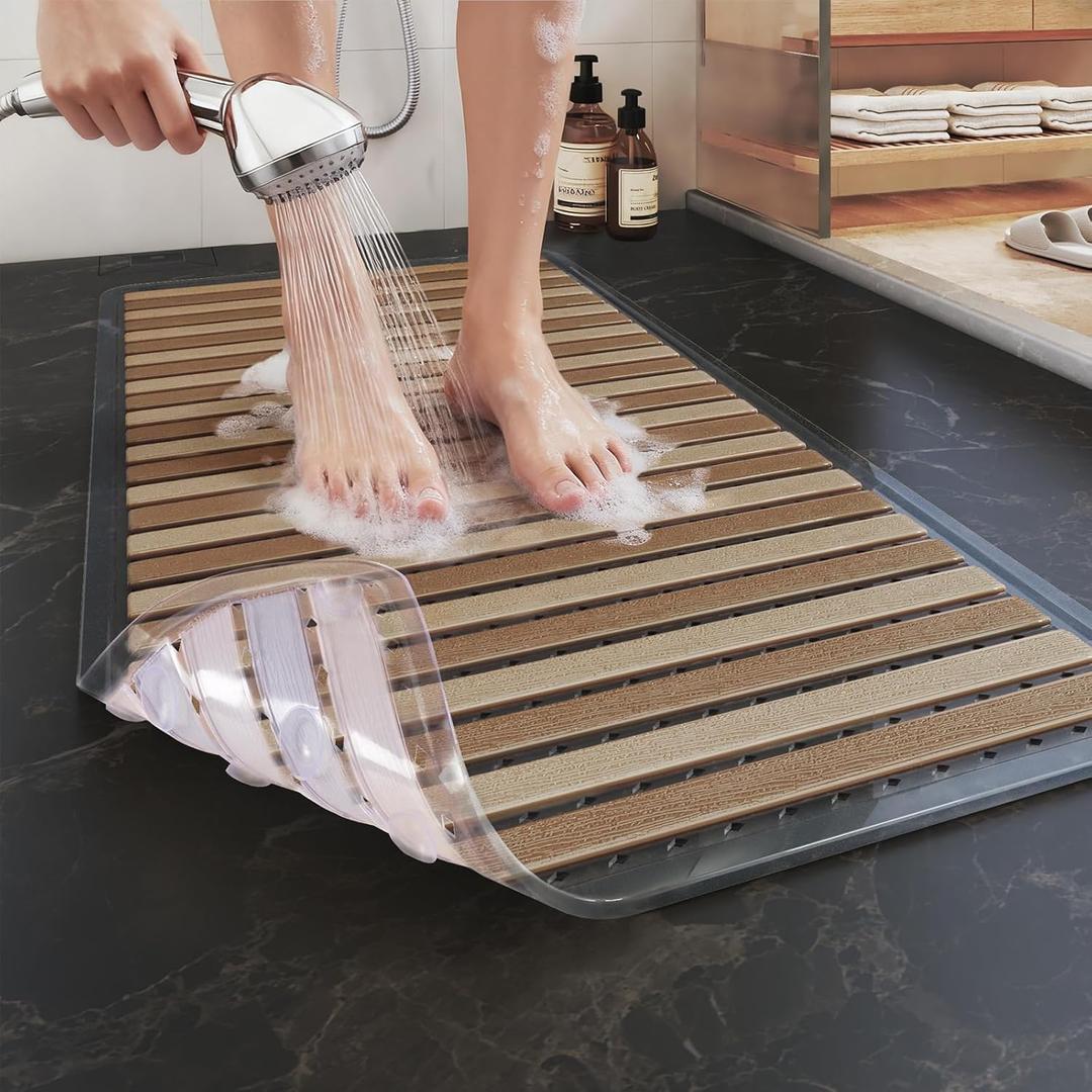 Non Slip Bathtub Mat and Shower Mat, Machine Washable Anti Slip Shower Mats for Inside Shower with Suction Cups & Drain Holes (26.7" x 14.5", Wood Color)