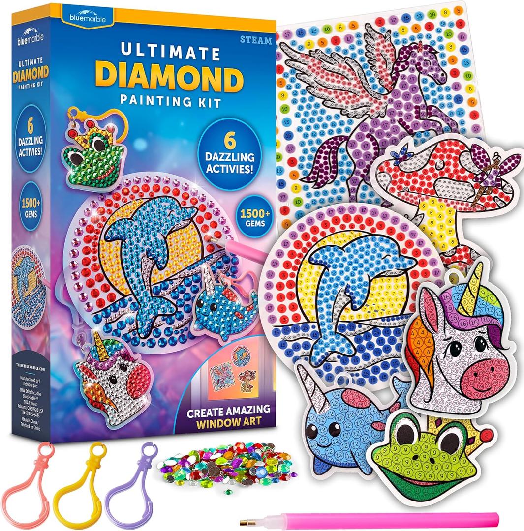 Blue Marble Ultimate Diamond Painting Kit for Kids  6 Craft Activities with 1500+ Gems, Make 3 Window Art Pieces & 3 Keychains, Includes Applicator Pens, Gem Trays & Stencils, Kids Crafts