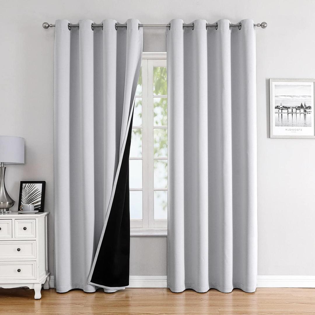 ChrisDowa 100% Blackout Curtains 102 inch Long for Bedroom with Black Liner, 2 Thick Layers Total Blackout Thermal Insulated Grommet Window Curtains 2 Panels Set (Greyish White, 52 x 102 Inch)