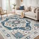 Washable Area Rug-9X12 Vintage Neutral Soft Vintage Blue | Non Slip Thin Foldable Large Floor Carpet for Living Room Bedroom Kitchen Dining Room Home Office Farmhouse Indoor