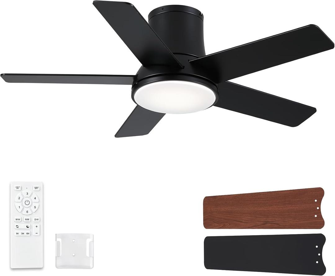42 Inch Ceiling Fans with Lights and Remote, Flush Mount Black Ceiling Fan for Bedroom Living Room Indoor/Outdoor, Quiet 6 Speed Reversible DC Motor, 3CCT, Dual Color 5 Blades, ETL Listed