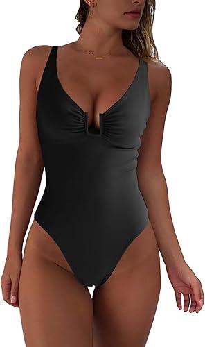 Womens One Piece Swimsuits Tummy Control U Wire Bathing Suit Ruched Push Up Swimwear High Cut Monokini (Medium)