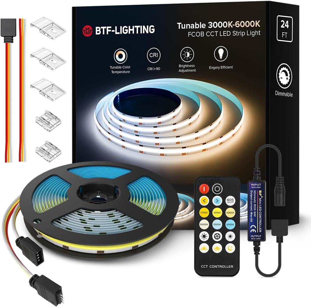 BTF-LIGHTING FCOB COB CCT 24V Kit Flexible High Density 24FT RF Dimmable Controller Tunable Color Temperture 3000K-6000K CRI 90+ LED Strip for Bedroom Kitchen Under Cabinet Indoor with DC24V Adapter