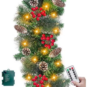[ Remote Control & Timer & 8 Modes ] 9Ft by 10 Inch 50 LED Prelit Christmas Garland Decorations Warm White Lights Thick 300 Snowy Tips 198 Red Berry 18 Pinecone Xmas Decor Garland Indoor