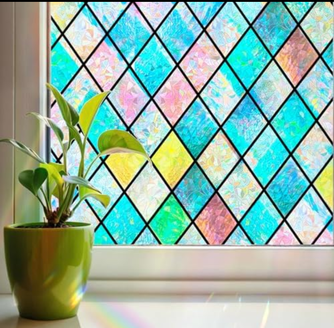 Linarun Stained Glass Window Film Rainbow Window Privacy Film 3D Decorative Static Cling Door Glass Decals Non Adhesive Removable for Home Office Set of 2
