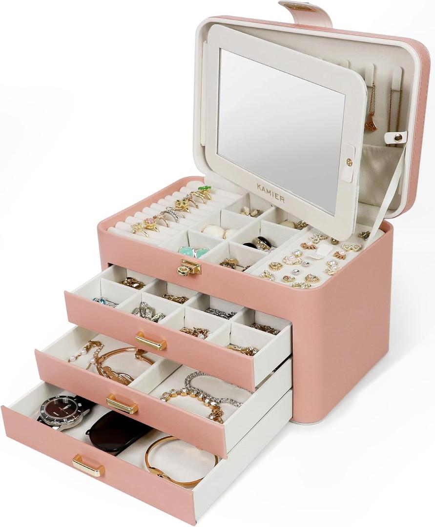 KAMIER Jewelry Organizer Box for Women - 4 Layer Drawer Jewellery Storage with Lock and Mirror - Jewelry Case for Necklaces Rings Bracelets Earring Holder Organizers (Pink)
