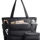 Puffer Tote Bag for Women, Lightweight Puffy Work Handbag Teacher Nurse Quilted Shoulder Bag for School Travel Gym | Cloud Bag w/ Zipper, Daily College Bags, 15.6" Computer Bag, Clinical Nursing Bag, 40 OZ Tumbler Holder, Ideal Gift for Women (Black)