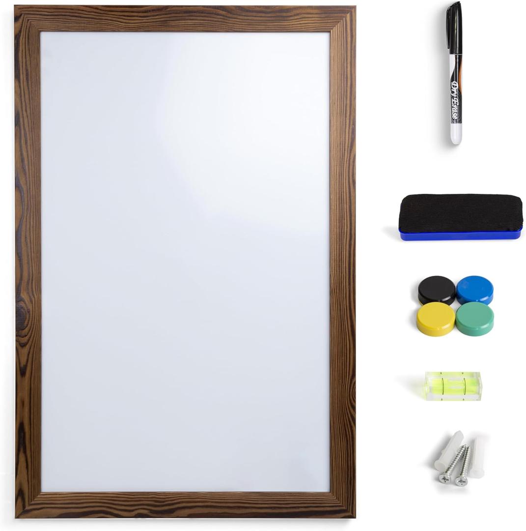 Real Wooden Framed Magnetic Dry Erase Whiteboard, 24" X 36", Vertical/Horizontal Wall Mount, Includes Black Marker, Eraser and 4 Magnets, by Better Office Products (Rustic Brown)