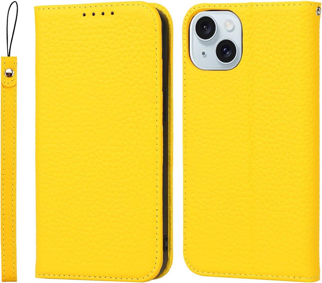 iCoverCase Compatible with iPhone 15 Wallet Case with Credit Card Holder and Wrist Strap, RFID Blocking Genuine Leather Flip Magnetic Cell Phone Cover Case 6.1 Inch (Yellow)