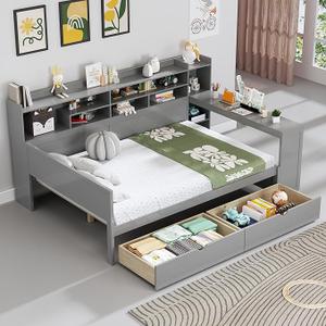 Wooden Full Size Daybed with Storage Drawers, Shelves and Study Desk, Multifunctional Wooden Daybed Frame for Bedroom, Guest Room Gray