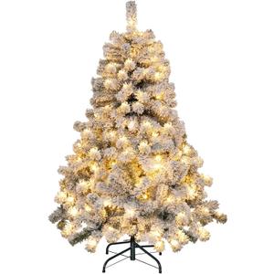 Goplus 4.5 FT Pre-Lit Snow Flocked Christmas Tree, Artificial Hinged Xmas Tree W/ 150 LED Lights, 295 Branch Tips, Non-Flammable PVC Leaves, Metal Stand, Xmas Holiday Decor for Office Home